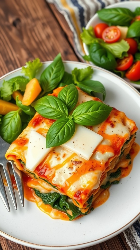 Healthy spinach and turkey lasagna on a wooden table, garnished with basil.